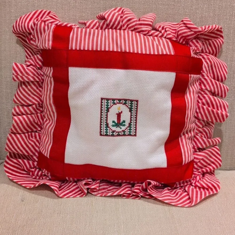 Handcrafted Festive Red and Green Ruffled Cross-stitch Holiday Pillows Set of 2